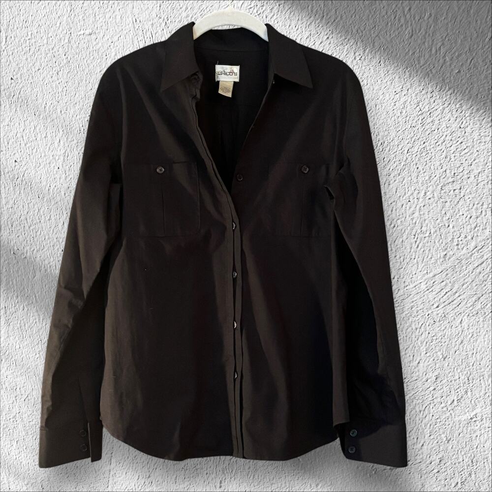 Chicos Black Button Up Blouse Sz 1/M/8 Professional Capsule Wardrobe Crisp Lines